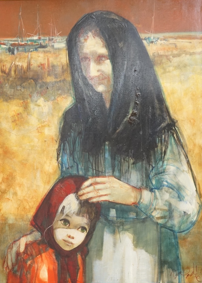 Jean Baptiste Valadié (French, b1933), Mother and child before boats, signed, oil on canvas, 72 x 53cm